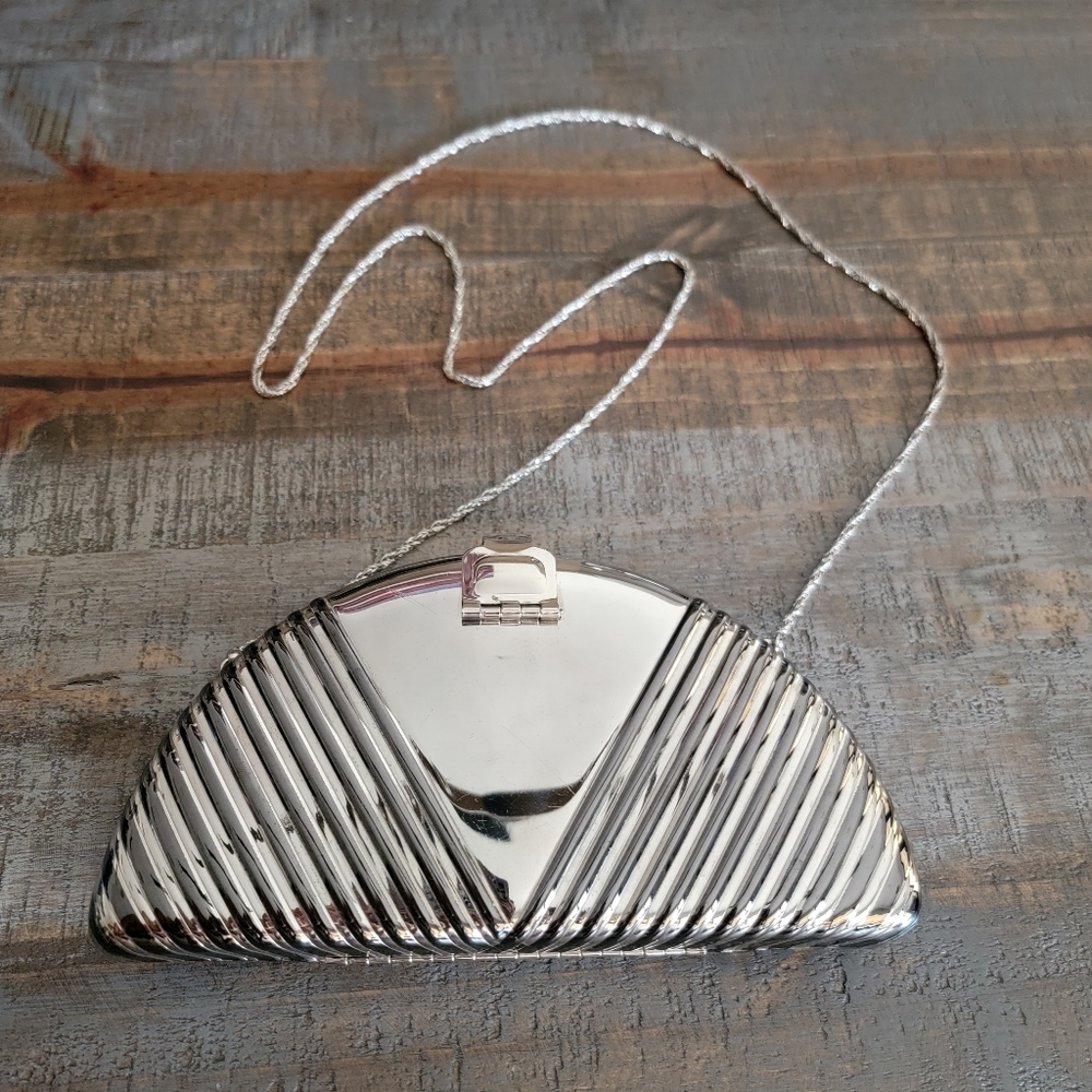 Silver Metallic Half-Moon Clutch with Chain Strap